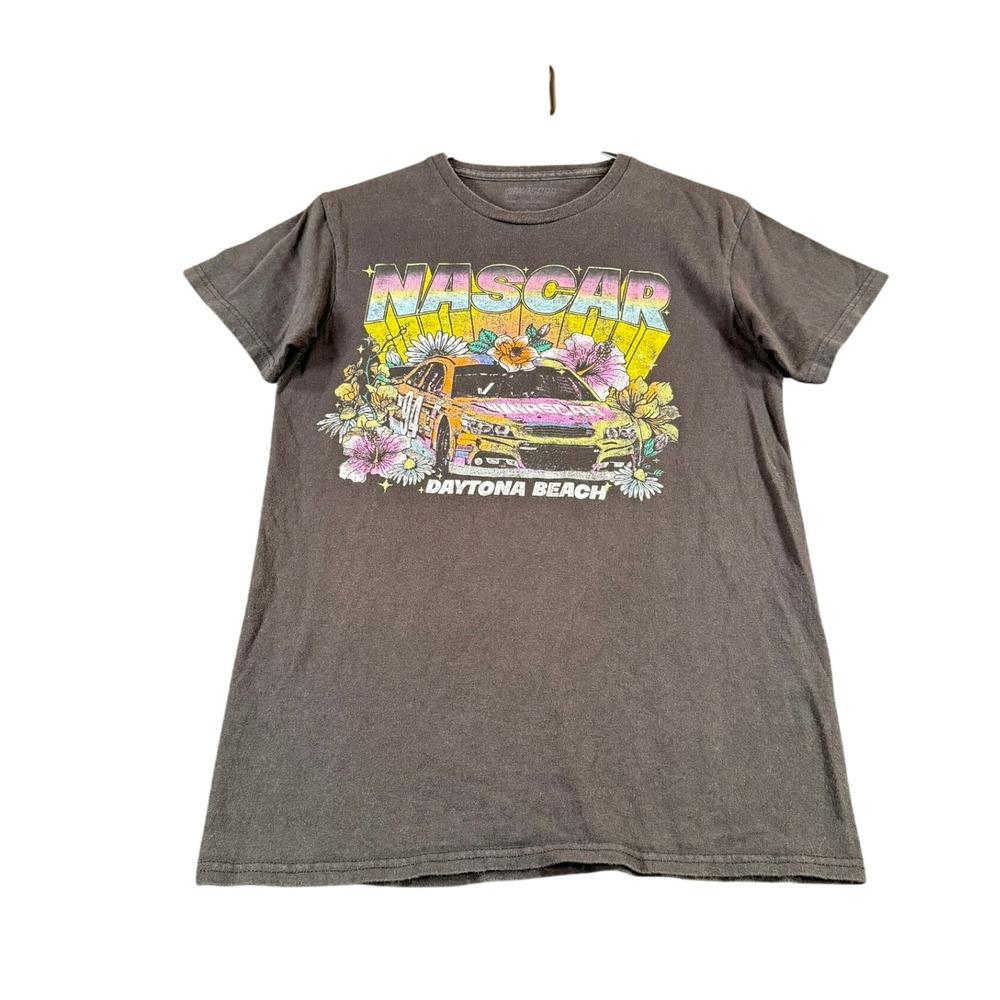 NASCAR Daytona Beach Graphic T-Shirt Gray Floral Race Car Women Small